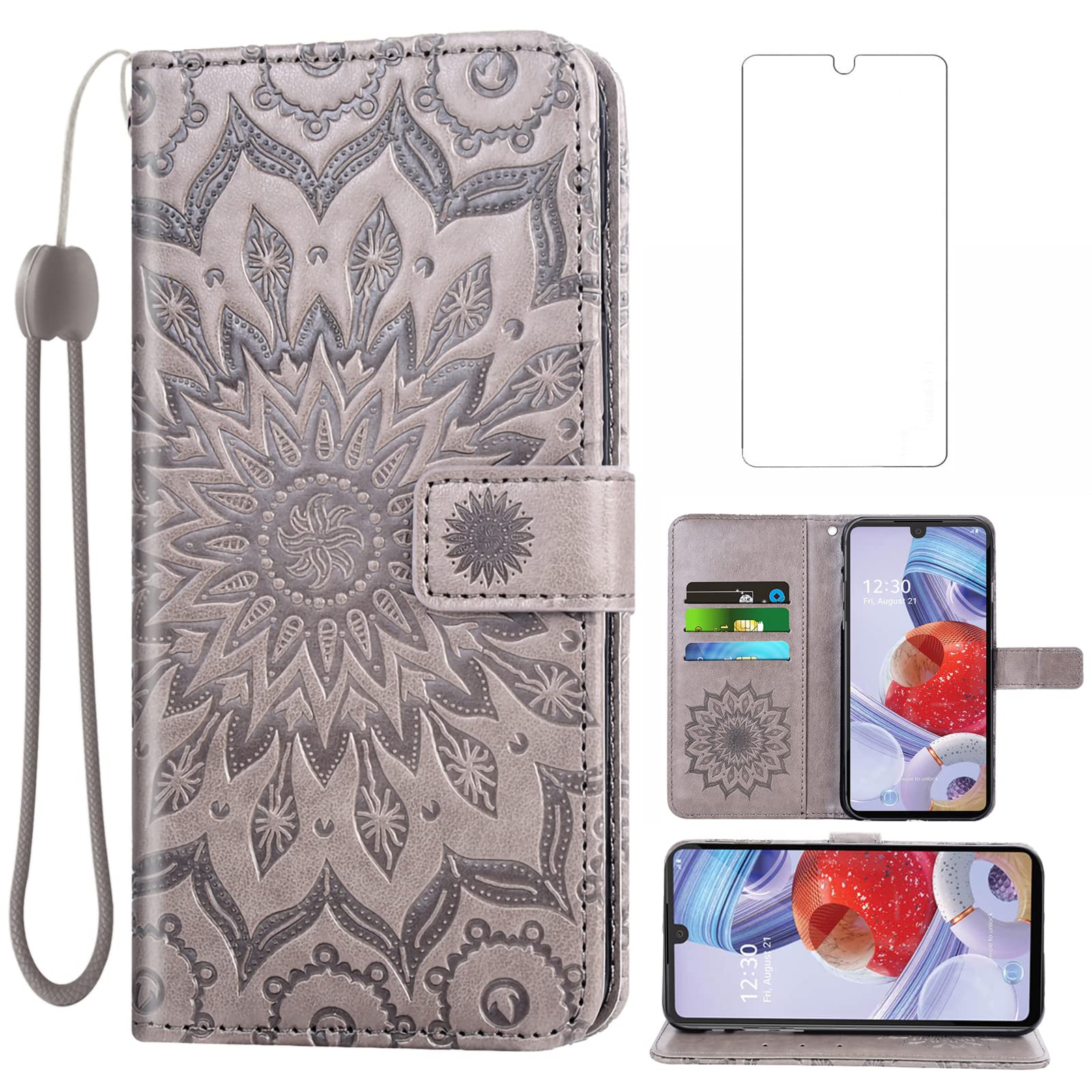 Premium Leather Wallet Case for LG Stylo 6/6 Plus/K71 with Tempered Glass Screen Protector - Slim Flip Cover with Card Holder & Stand - Perfect for Work, Travel & Everyday Use (Gray, Unisex Design)