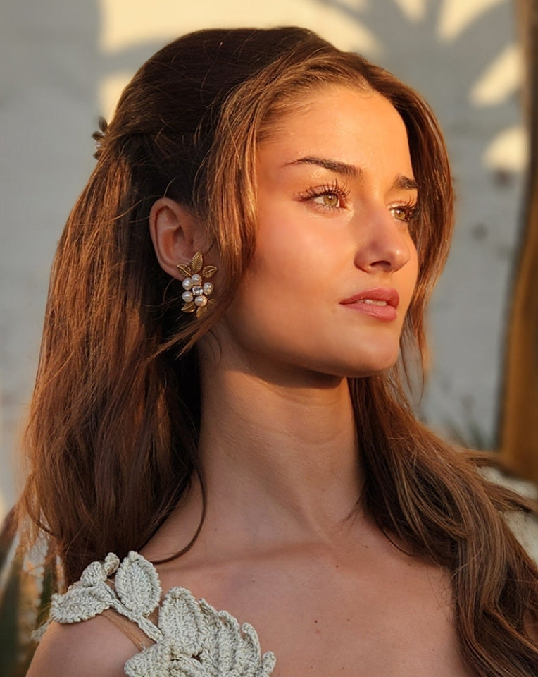 Elegant Boho Wedding Earrings with Freshwater Pearls, Floral & Leaf Design - Perfect for Bridal, Prom & Special Occasions | Love Story by Kezani