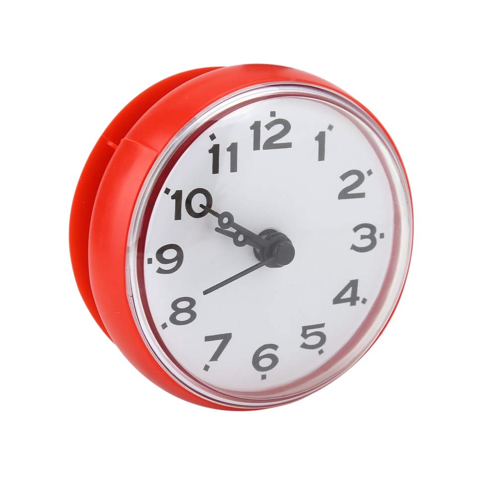 Waterproof Suction Cup Wall Clock - Round Arabic Digital Dial for Bathroom & Kitchen (Red)
