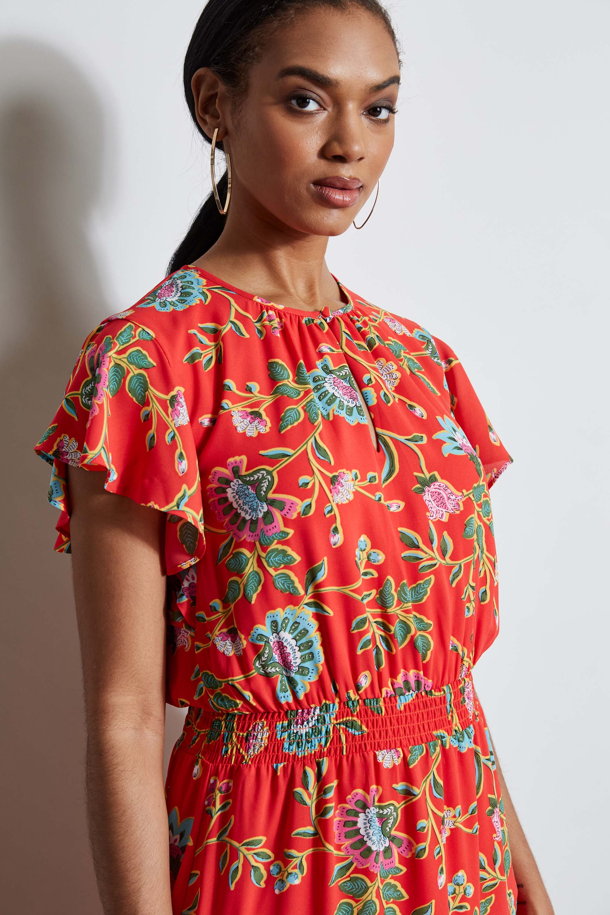 Tahari Hibiscus Garden Print Midi Dress for Women - Floral Summer Dress with V-Neck & Short Sleeves - Perfect for Beach Vacations, Garden Parties & Date Nights