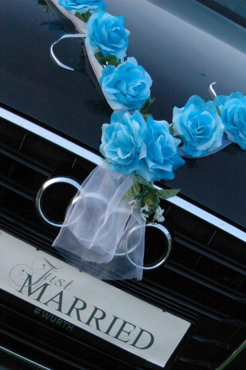 Rose Garland Car Jewelry - Bridal Couple Rose Decor for Wedding Cars (Blue/White) | Elegant Vehicle Decoration for Weddings, Anniversaries & Special Events