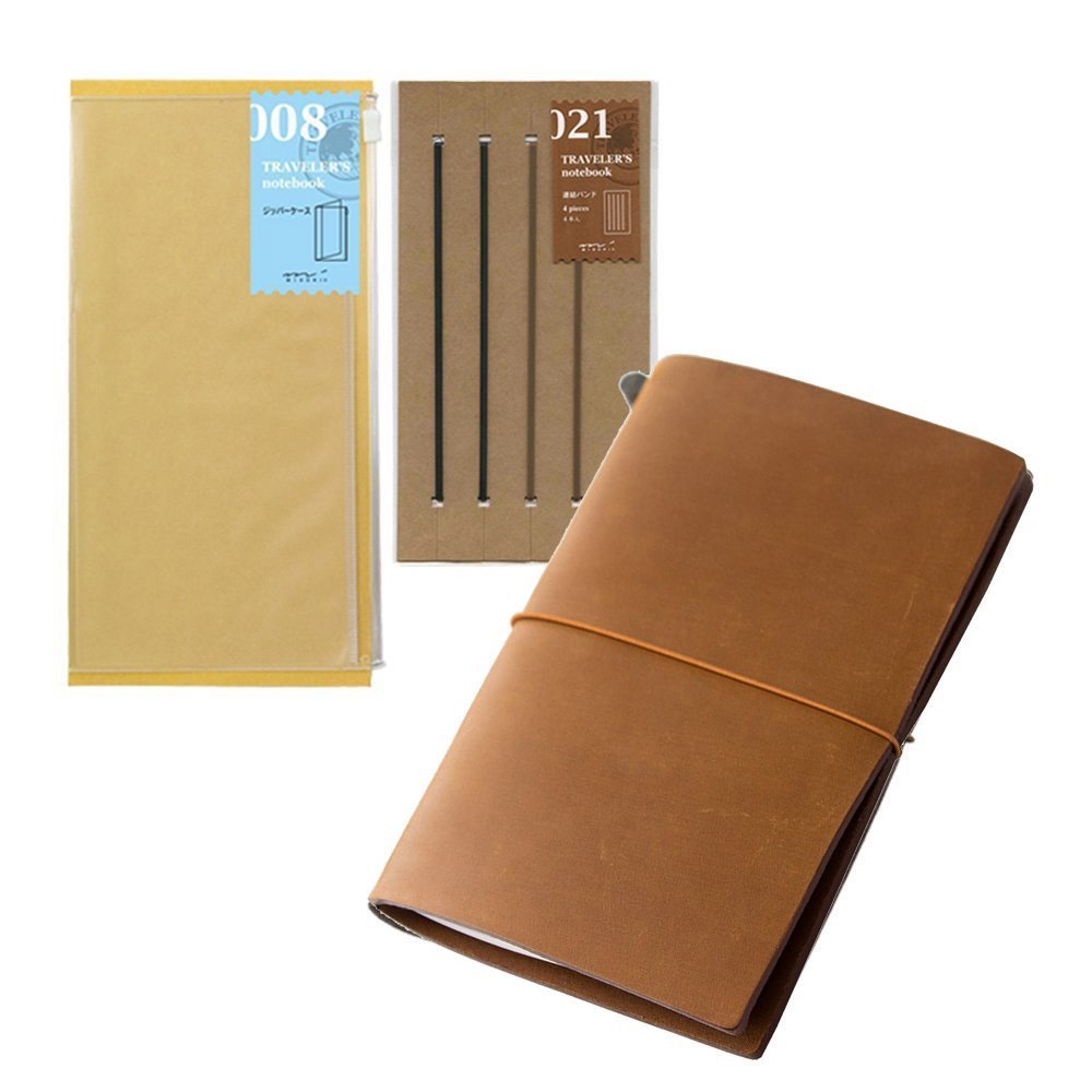 Premium Midori Traveler's Notebook Leather Bundle Set - Regular Size Camel Brown with Refillable Notebook, Rubber Band & Clear Zipper Case | Perfect for Journaling, Travel Scrapbooking & Daily Planner Organization