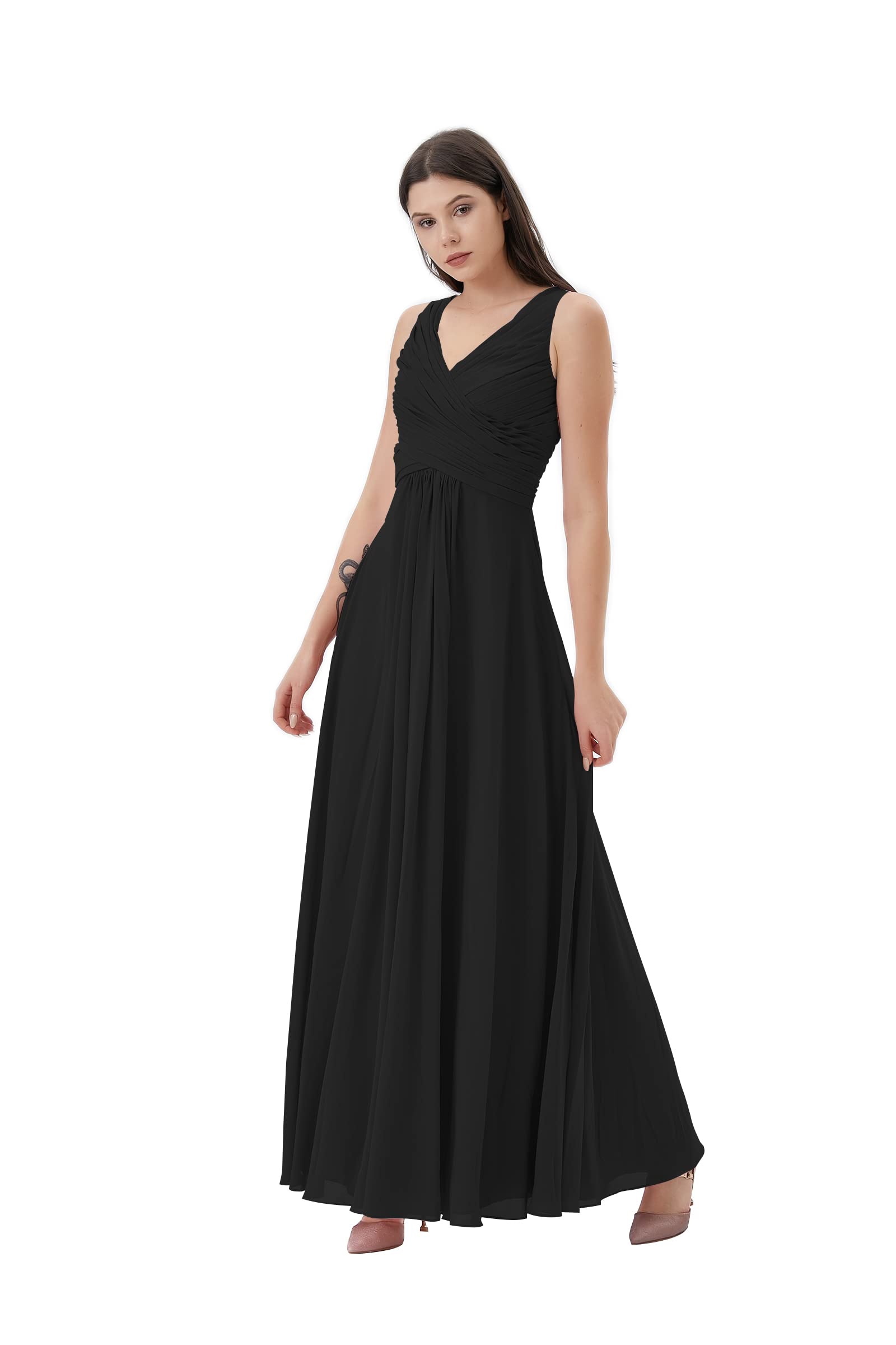 Elegant V-Neck Sleeveless Pleated Chiffon Prom Dress - A-Line Empire Waist Cocktail & Formal Maxi Dress for Women | Perfect for Evening Parties, Weddings & Special Occasions