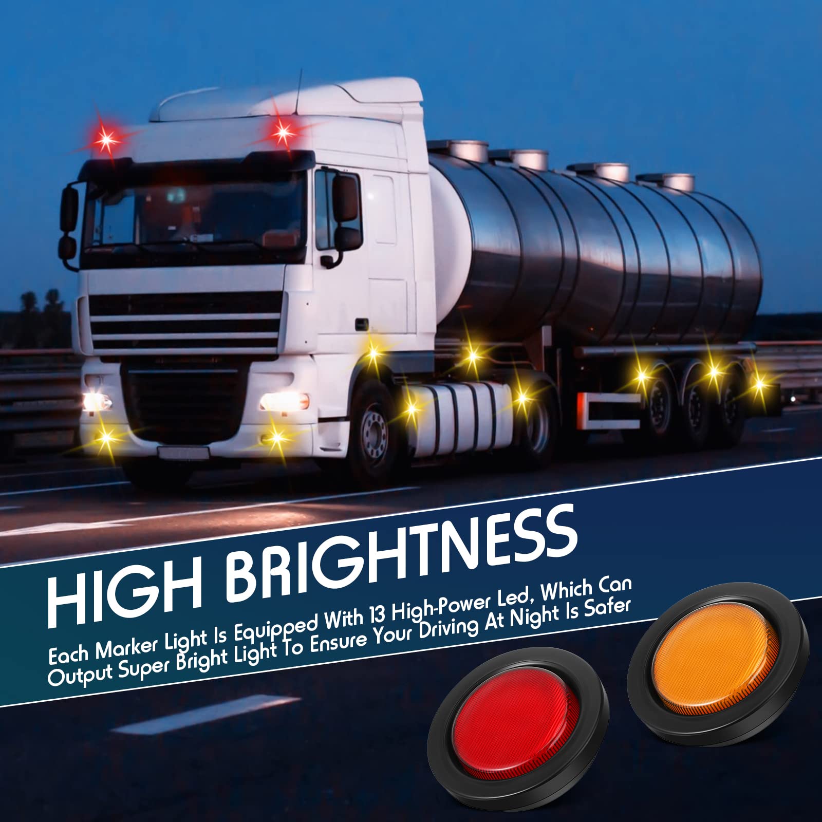 Retisee 16 Pcs 2.5 Inch Round Clearance Lights - 13 LED Waterproof 12V Flush Mount Marker Lamps for Trucks, RVs, Cars, Buses, Trailers, Vans, Caravans & Boats (Red/Amber) - Durable Side Marker Indicators for Enhanced Night Visibility & Safety