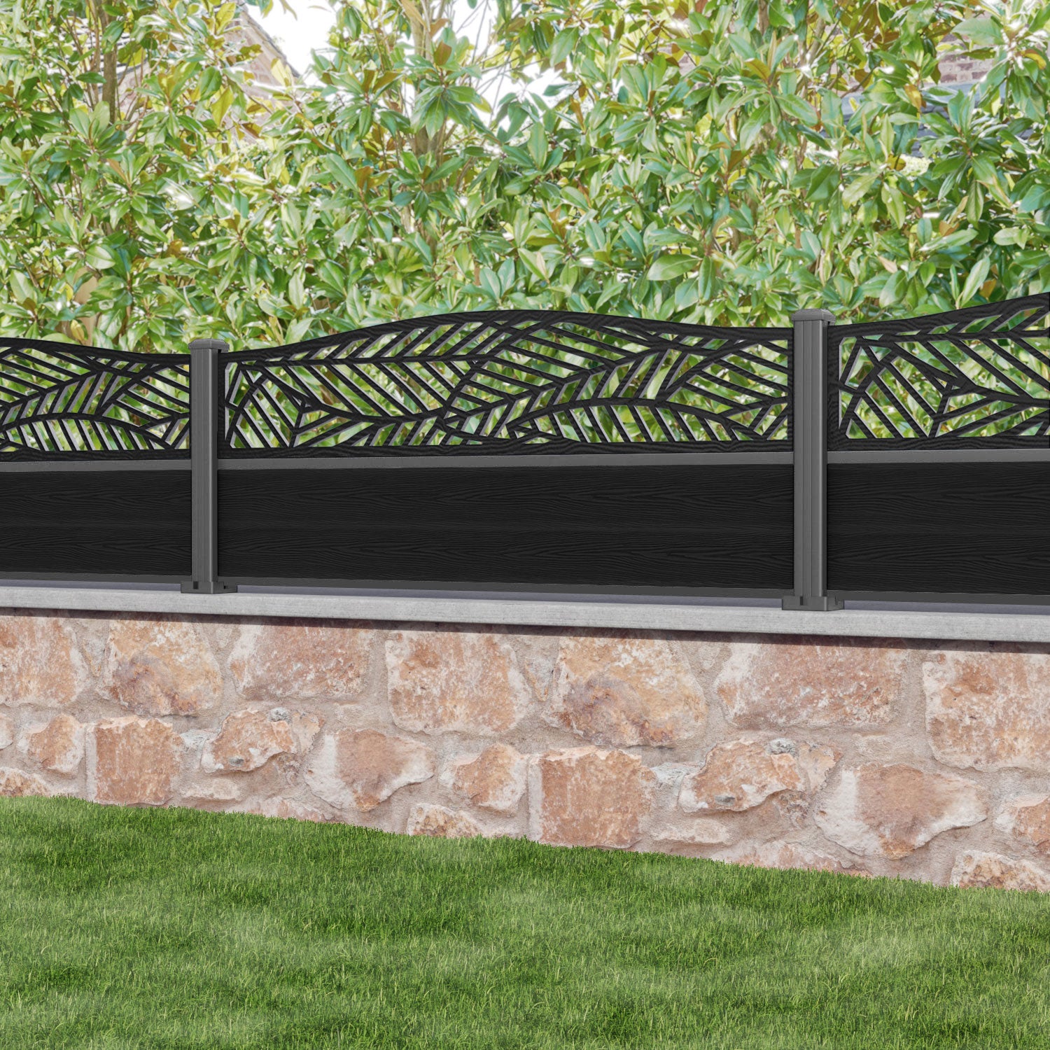 Classic Black Habitat Curved Top Fence Panel with Aluminum Posts - Durable Privacy Fencing for Backyard, Garden, and Property Boundaries
