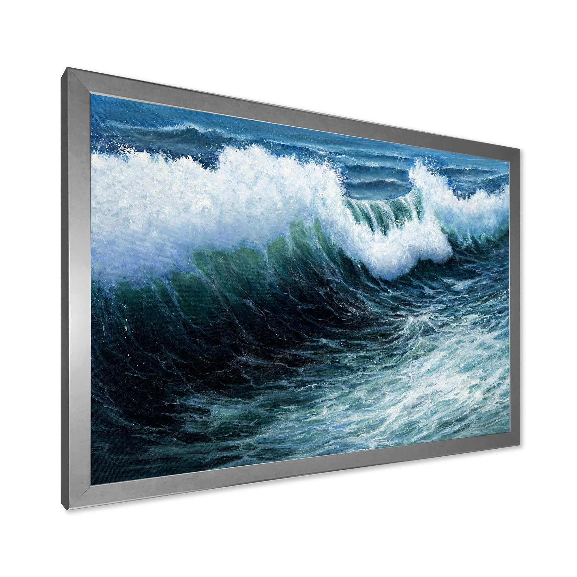 DesignQ Storm Waves In The Ocean Nautical Coastal Framed Wall Art - Beach House Decor, Living Room Wall Decor, Office Wall Art