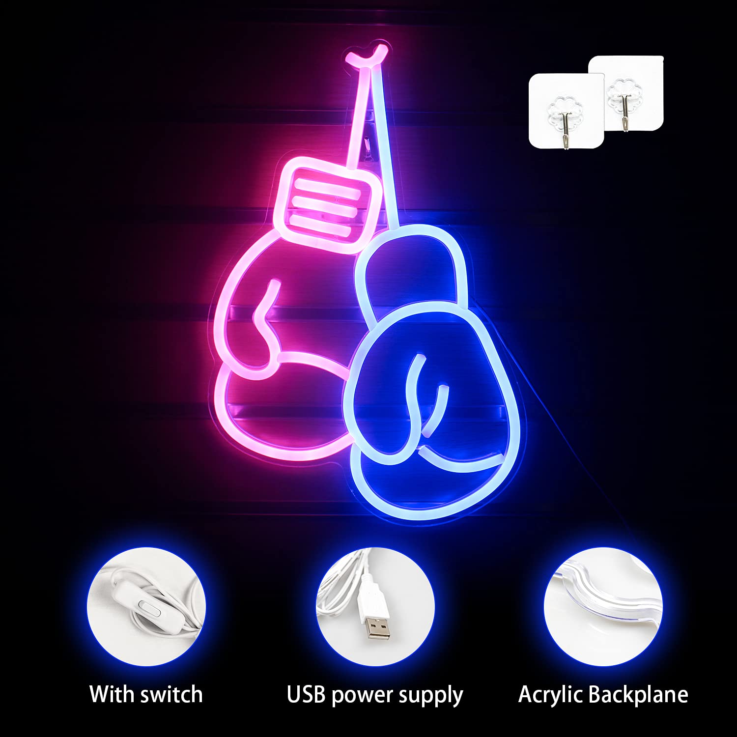 Lucunstar LED Boxing Gloves Neon Sign - Pink & Blue Light for Gym Wall Decor, Man Cave, Room Decoration - USB Powered with Switch | Perfect for Boxing Gyms, Home Workout Spaces & Sports Themed Rooms