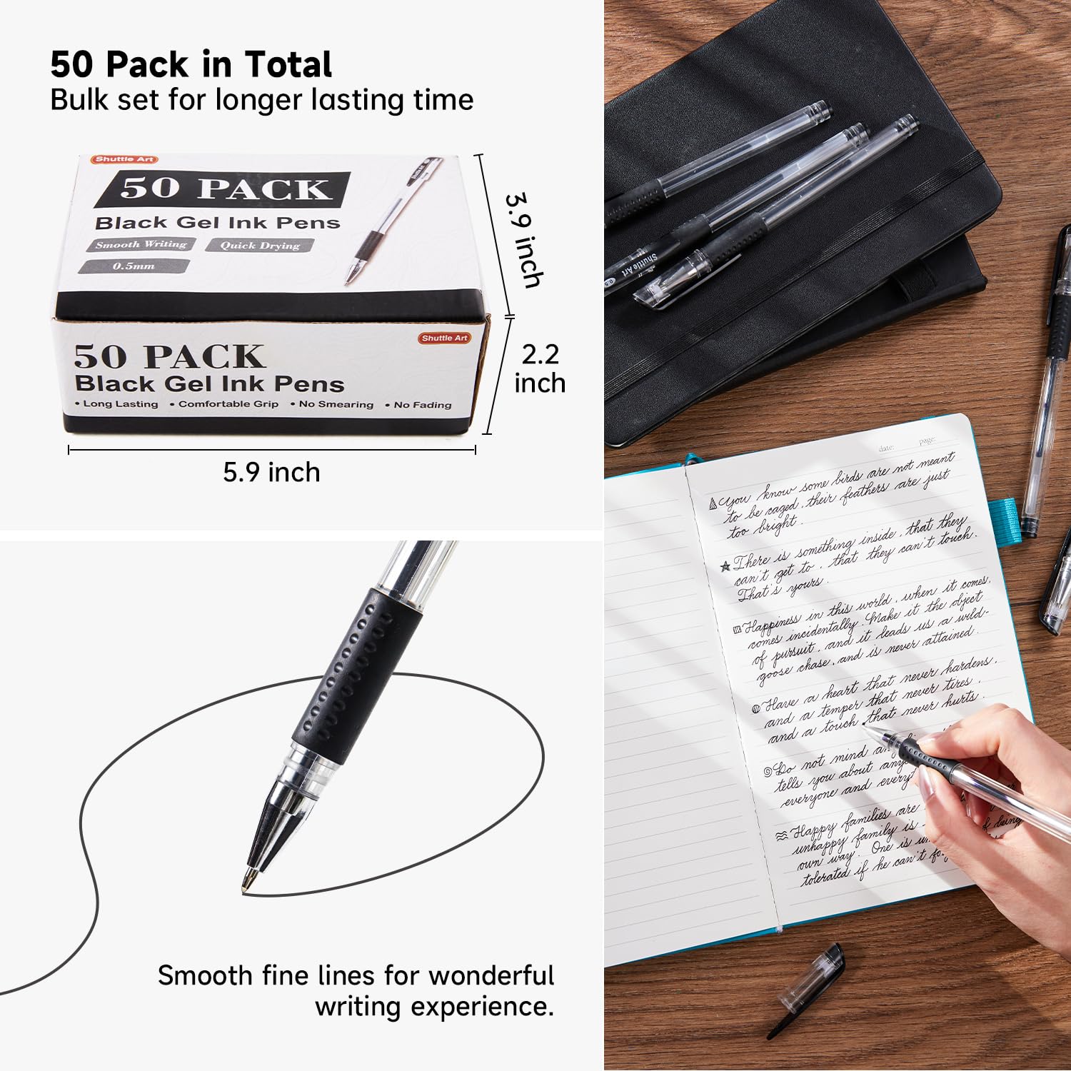 Shuttle Art Black Gel Pens - 50 Pack Fine Point 0.5mm Rollerball Pens with Smooth Writing & Comfort Grip - Bulk Office, School & Home Supplies - Perfect for Note Taking, Journaling & Art Projects