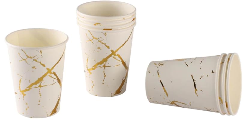 Premium 9 oz White & Gold Disposable Paper Cups [10 Pack] - Eco-Friendly Hot & Cold Drink Cups for Coffee, Tea, Water, Juice, Milk - Perfect for Parties, Picnics, Birthdays, Baby Showers, Bachelorette Events & Home Gatherings - Ideal for Indoor & Outdoor Celebrations