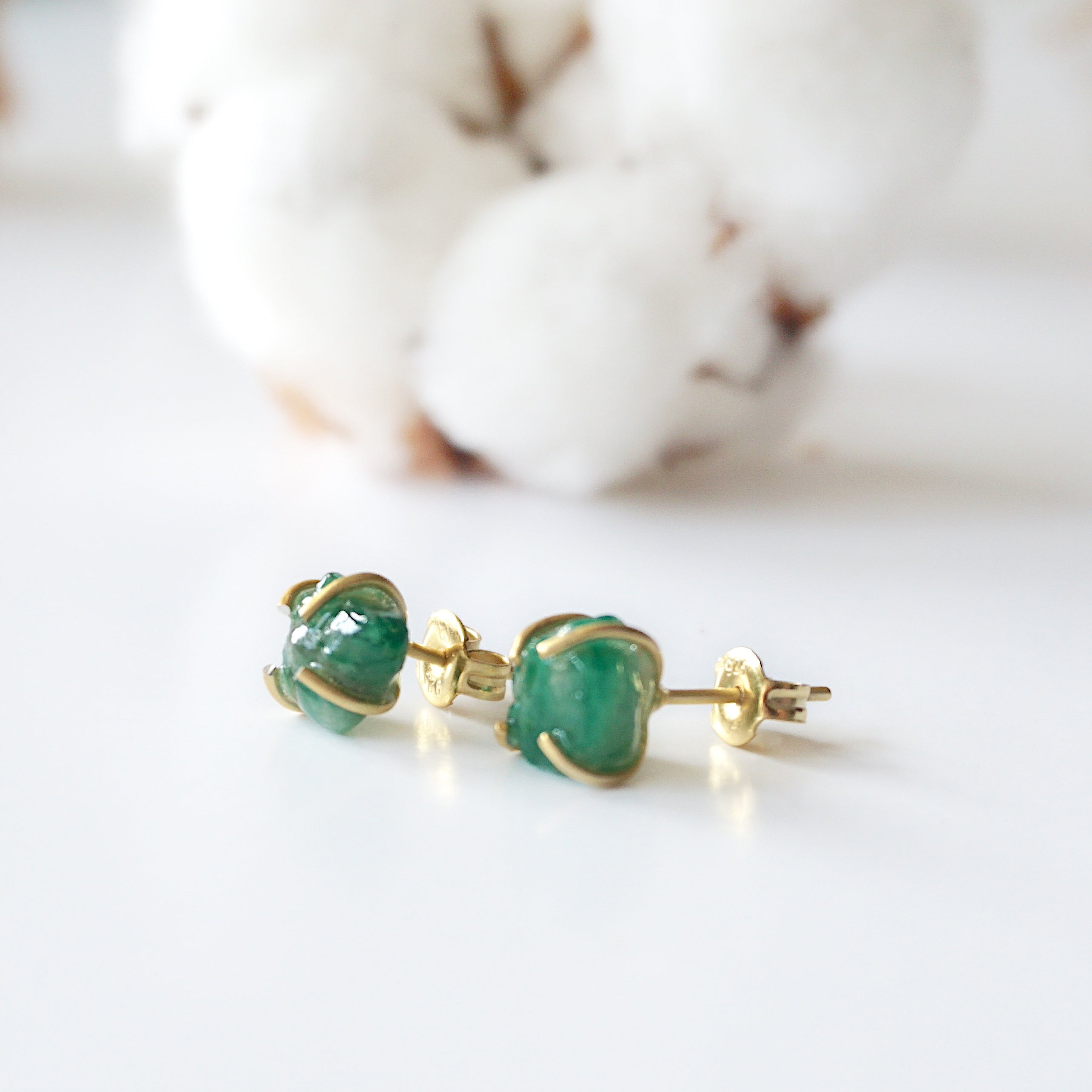 14K Gold Filled Raw Emerald Huggie Stud Earrings - Natural Gemstone Jewelry for Women, Perfect for Everyday Wear & Special Occasions