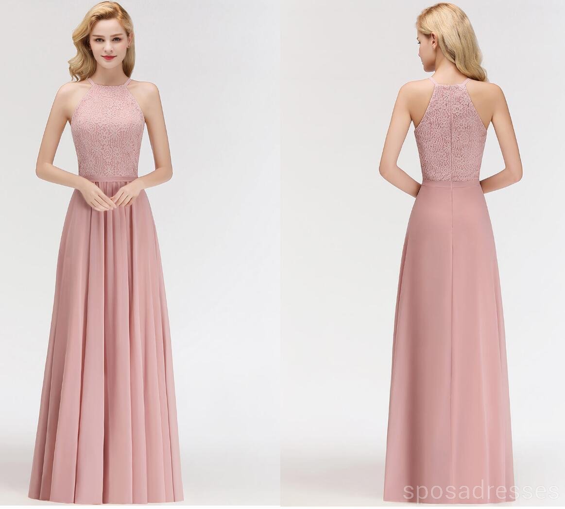 Elegant Lace Blush Pink Floor-Length Chiffon Bridesmaid Dress with Mismatched Design - WG543 | Perfect for Weddings, Proms & Formal Events