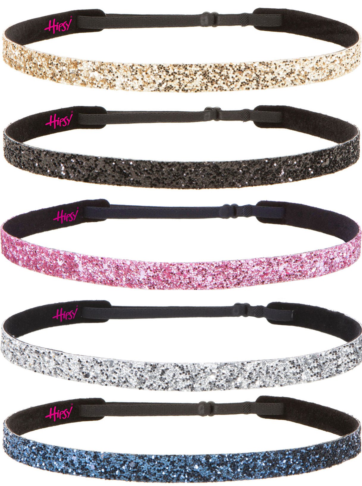Hipsy Women's Adjustable Fashion Headbands 5-Pack (Skinny Navy/Silver/Light Pink/Black/Gold) - Cute Hair Accessories for Workout, Yoga, Running & Daily Wear