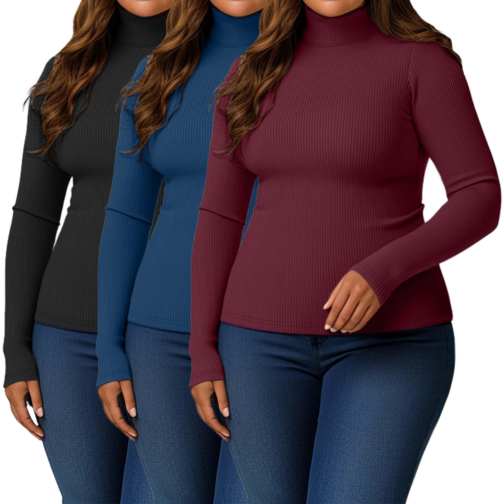 Ficerd Women's 3 Pack Plus Size Thermal Turtleneck Tops - Ribbed Long Sleeve Stretch Slim Fit Base Layer Shirts for Winter Warmth & Layering | Cold Weather Essentials for Work, Travel & Outdoor Activities