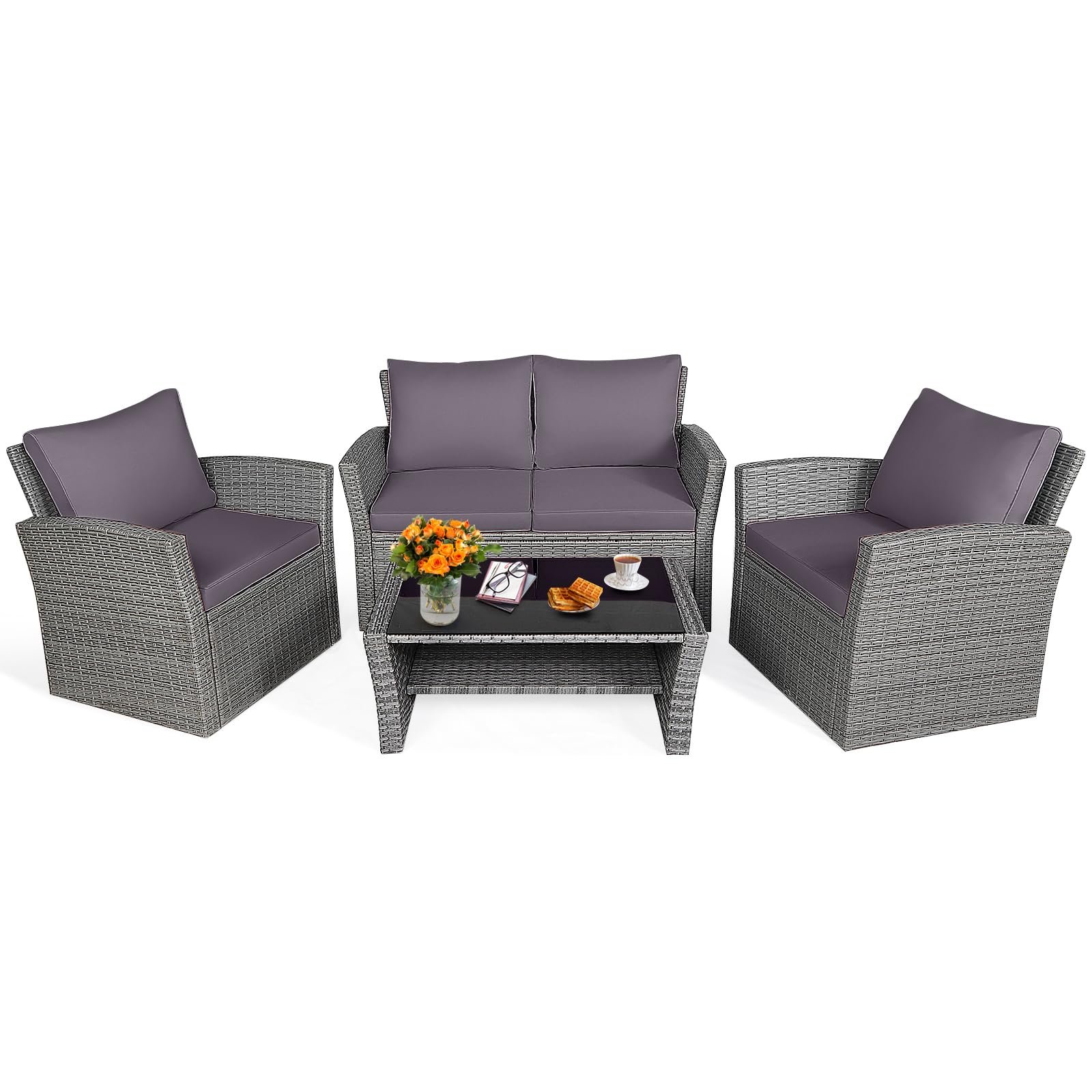 HAPPYGRILL 4-Piece Outdoor Rattan Furniture Set with Cushions & Coffee Table - Patio Conversation Sofa Set for Garden, Porch, Balcony, Poolside - Perfect for Relaxing, Entertaining & Outdoor Dining