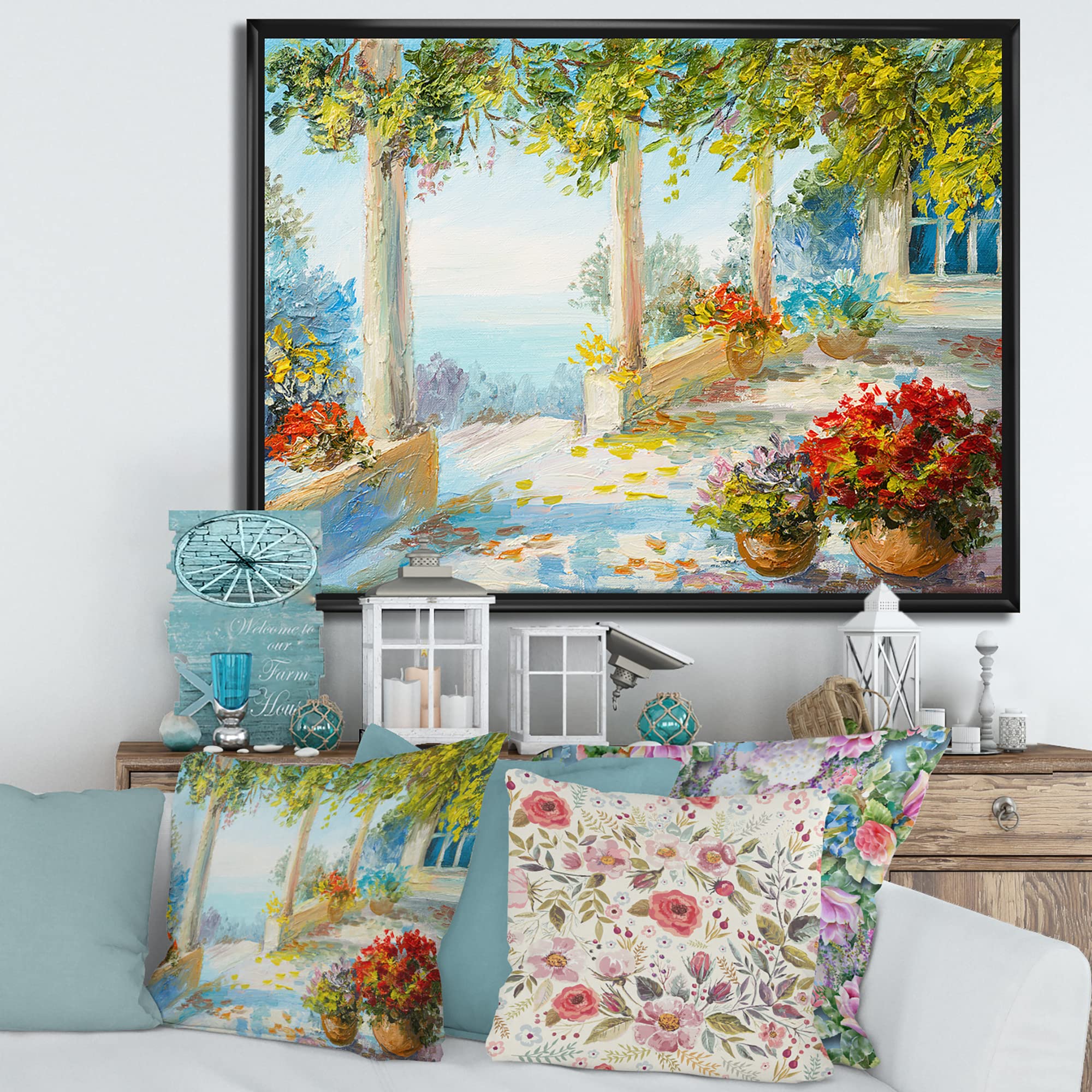 Nautical & Coastal Framed Canvas Wall Art Print - Terrace Near The Sea With Red Flowers | Perfect for Beach House Decor, Living Room, Office & Coastal Themed Interiors