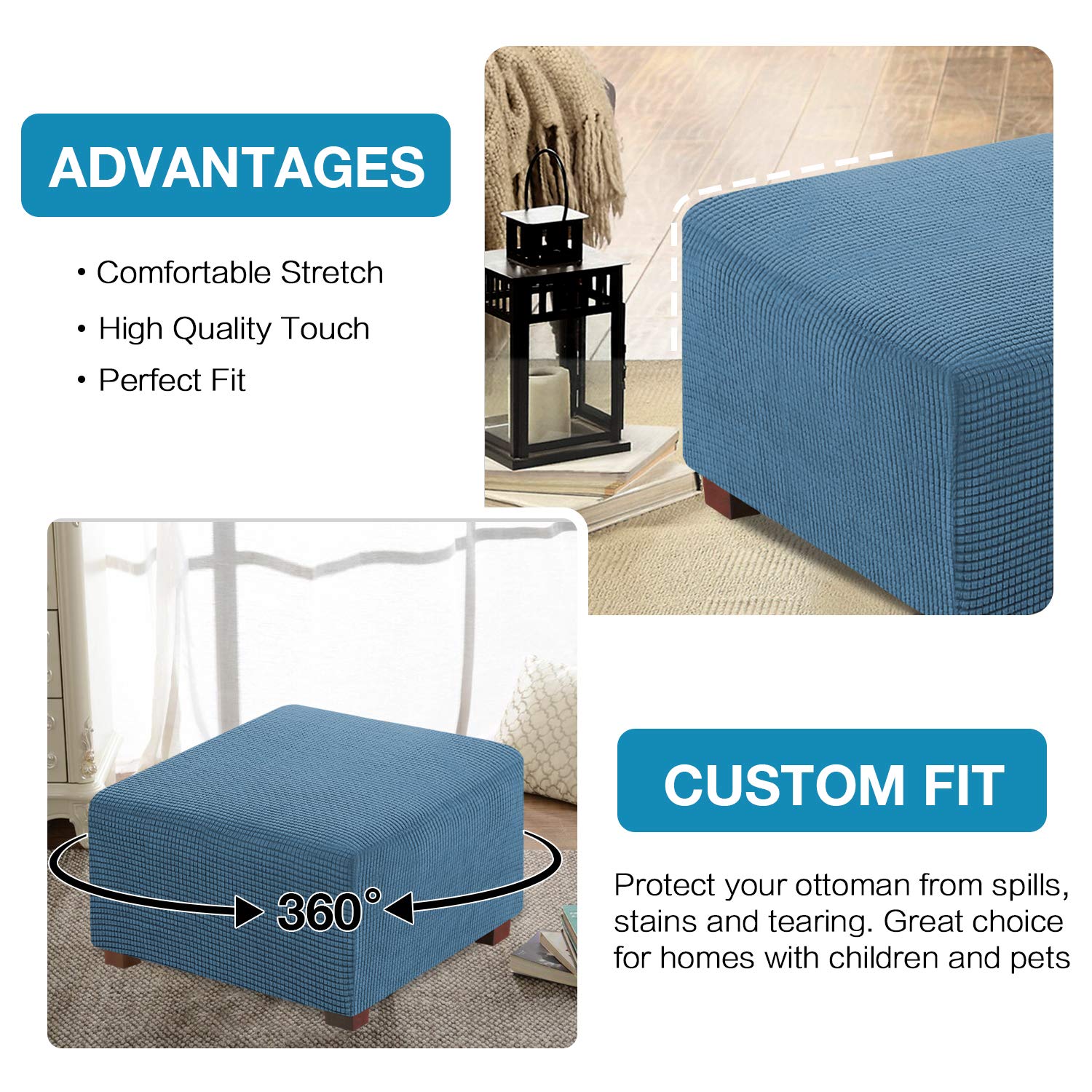 Flamingo P Stretch Ottoman Cover - Square Slipcover for Folding Storage Stool, Dusty Blue Small Size - Soft Elastic Furniture Protector for Living Room, Bedroom & Nursery