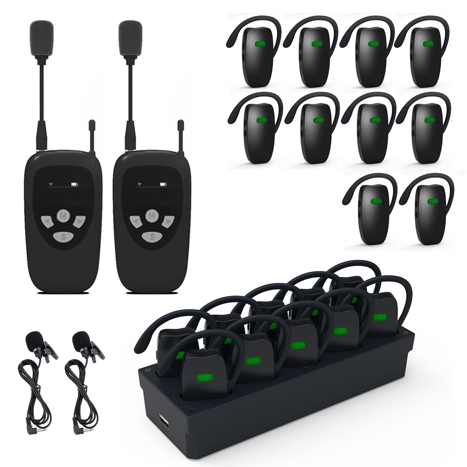 Wireless Tour Guide System - 2 Transmitters & 10 Receivers with 10-Slot Charging Case | Portable Audio Guide Headset for Museums, Factories, Guided Tours & Sightseeing | Ideal for Group Tours, Educational Field Trips & Large Venue Events