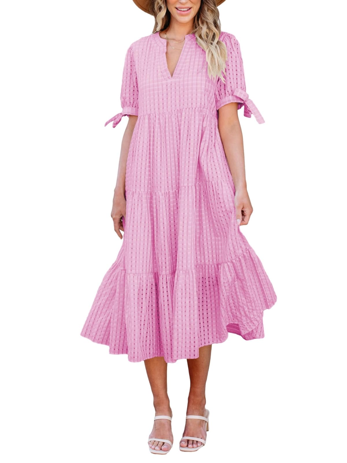 Theenkoln Women's Casual Midi Dress - Short Sleeve V-Neck Empire Waist Gingham Print Summer Dress for Spring/Summer, Beach, Party & Office Wear | Trendy Tiered Formal Dress for Women