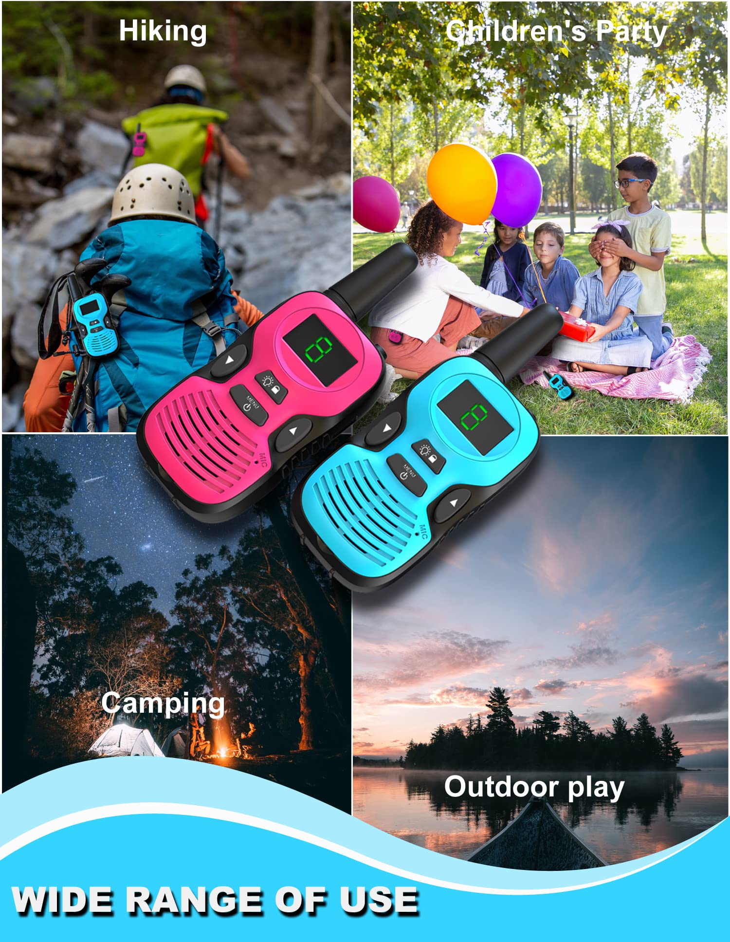 Kids Walkie Talkies 4 Pack - Rechargeable Long Range Walkie Talkies for Boys & Girls Ages 3-12 with USB Charger - Outdoor Toys for Camping, Hiking, Backyard Adventures & Family Games