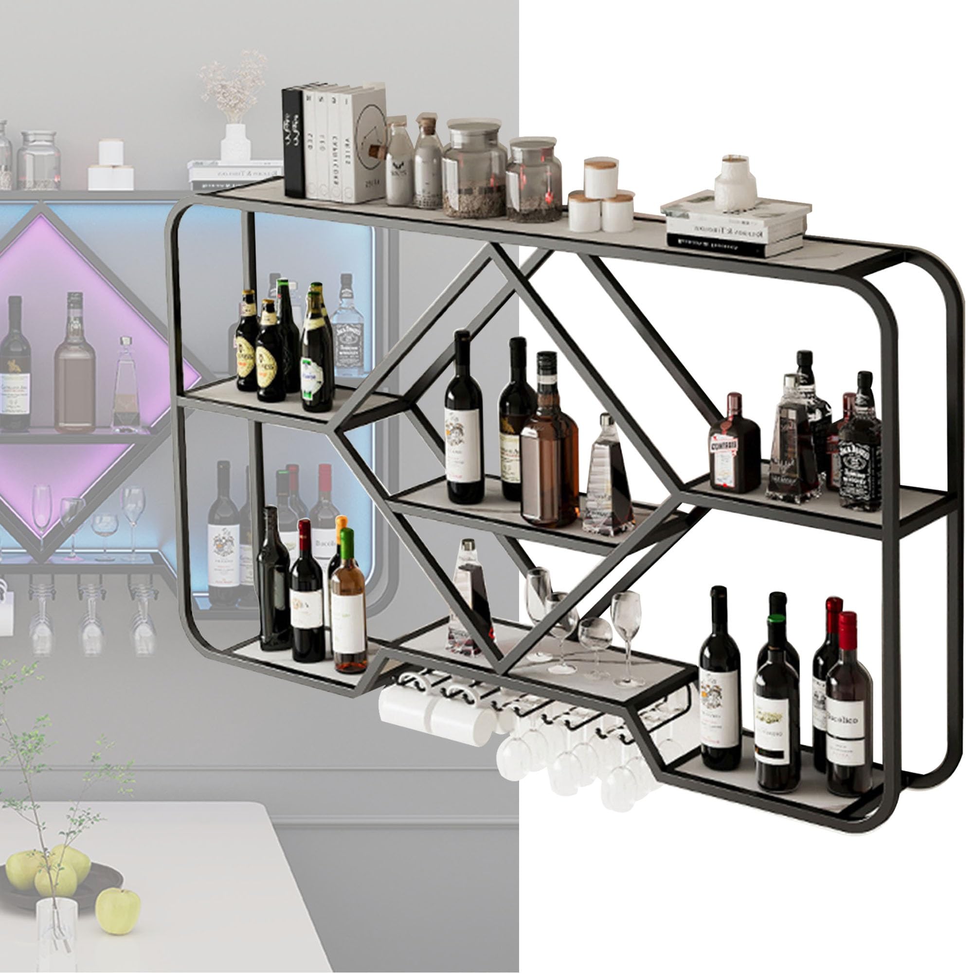 Floating Wine Rack Wall Mounted with LED Lights - 120cm Black Bar Shelf for Liquor Bottle & Glass Storage - Perfect for Home Bar, Living Room, Restaurant, Cafe & Kitchen Decor