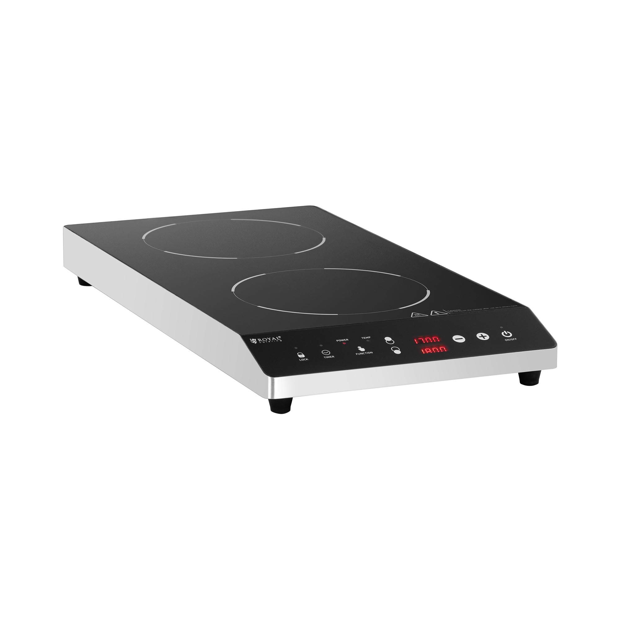 Royal Catering 1800W Commercial Induction Cooktop with 2 x 22cm Heating Zones, 60-240°C Temperature Control, Timer & LED Display – Perfect for Restaurants, Food Trucks and Catering Services