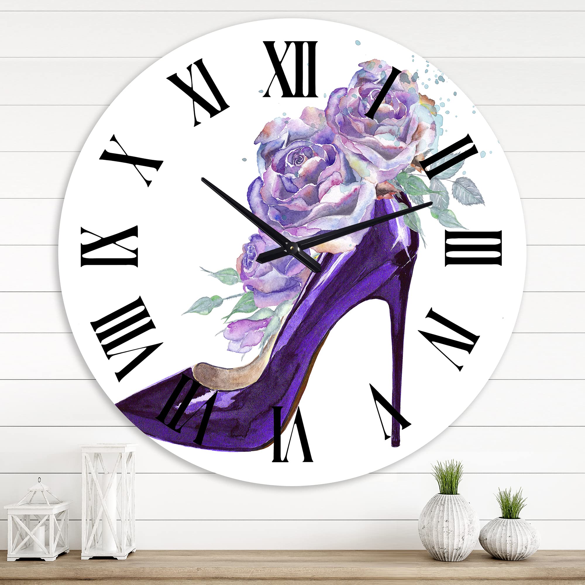 Dark Purple Stiletto Shoe Wall Clock with Pink Violet Roses - Large Floral Botanical Wall Clock for Home & Office Decor - Perfect for Bedroom, Living Room, and Workspace