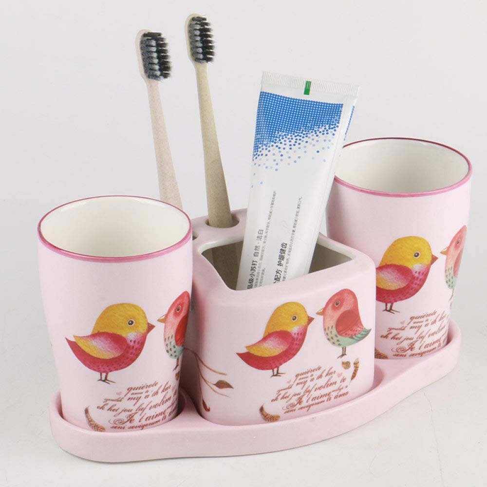 Vintage Ceramic Bathroom Accessories Set - 4 Piece Cute Bird Pink Vanity Tray, Toothbrush Holder & 2 Tumblers for Home, Hotel Countertop Decor | Perfect for Bathroom Organization & Stylish Vanity Display