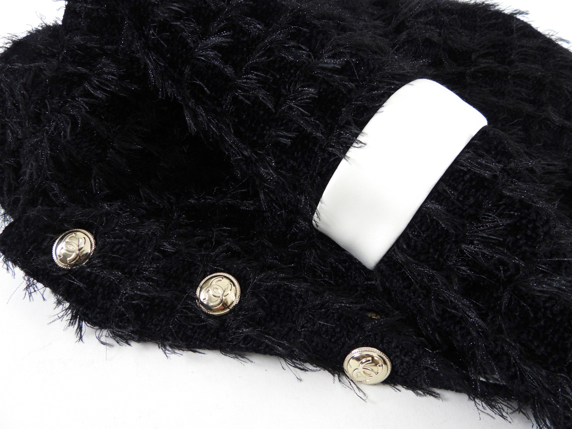 Chanel 20K Black Eyelash Tweed Jacket with White Satin Trim - Size FR38 | Luxury Designer Blazer for Women | Perfect for Evening Parties, Weddings & Special Occasions