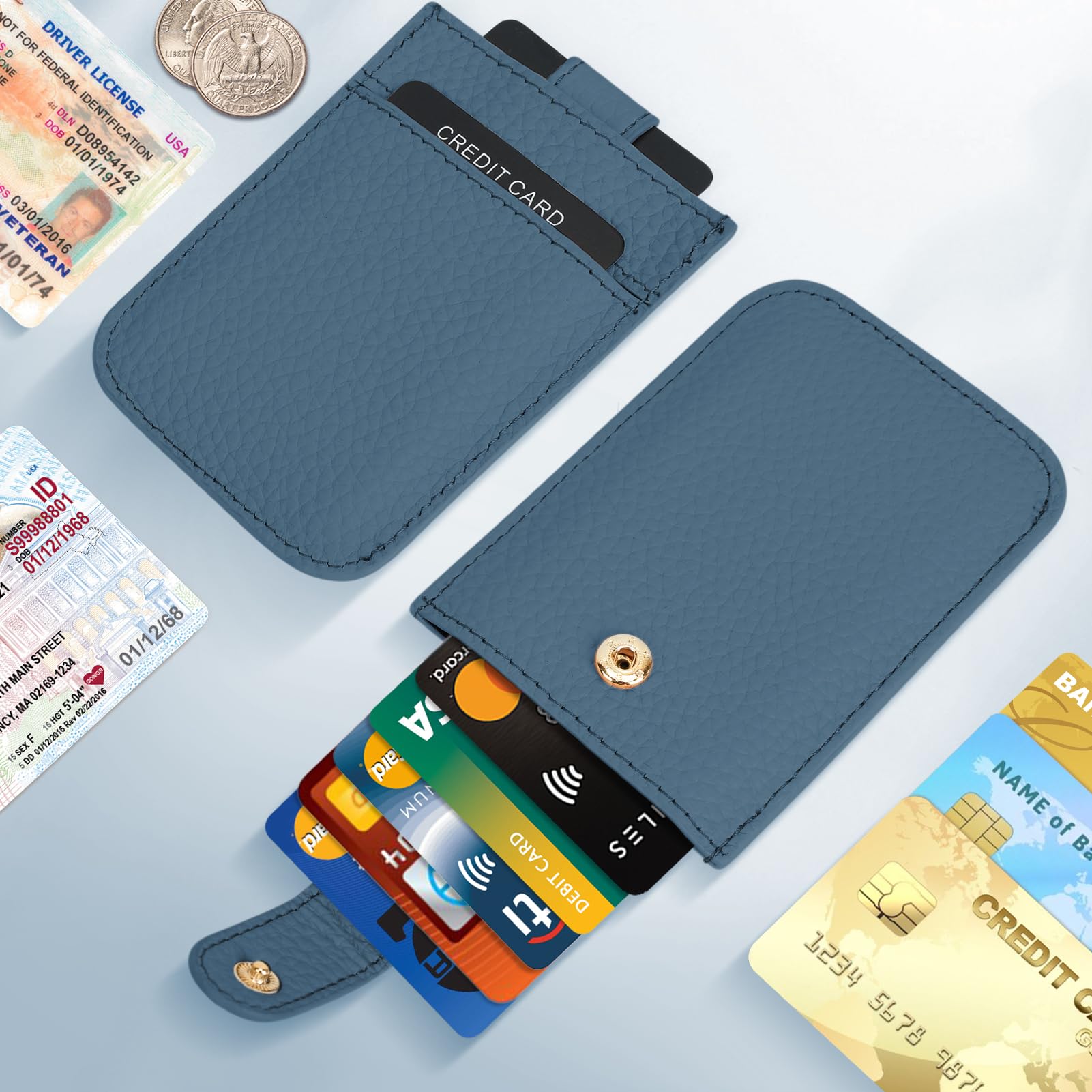 Unaone Slim Minimalist RFID Blocking Wallet - Soft Leather Pull-Out Card Organizer for Men & Women | Credit Card Holder with Front Pocket Design (Blue) | Perfect for Travel, Work & Everyday Carry