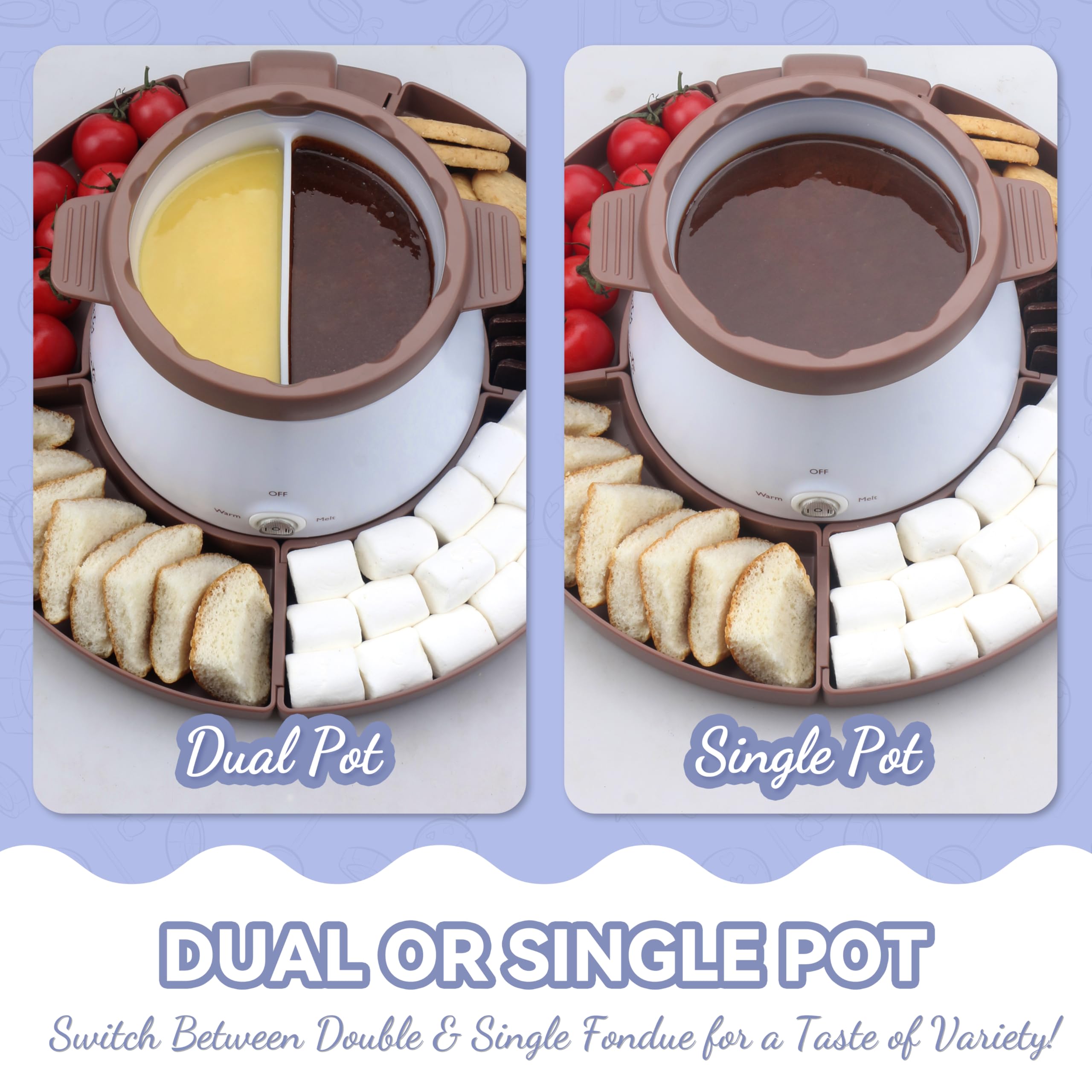 Electric Fondue Pot Set with 2 Pots - Chocolate & Candy Melting Warmer for Dipping, 2.5 Cups Capacity, Includes Fondue Forks (Brown) - Perfect for Parties, Desserts & Family Gatherings