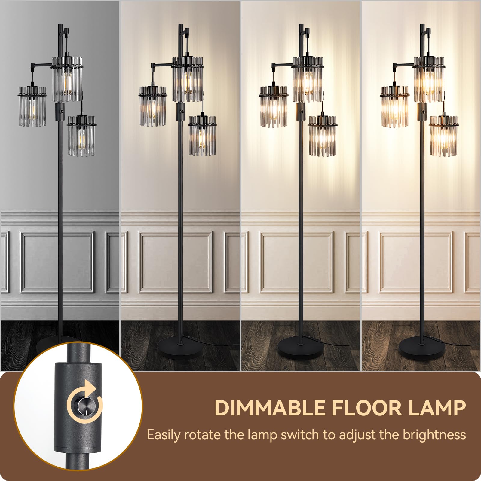 Dimmable Industrial Floor Lamp - 66 Inch Tall Glass Tree Standing Lamp with 3 Teardrop Cage Heads & 800 Lumens LED Bulbs for Living Room, Bedroom, Office - Modern Lighting for Home Decor & Workspace Ambiance