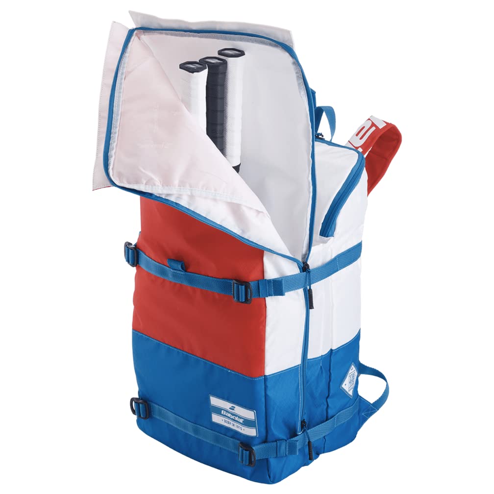 Babolat EVO 3+3 Tennis Backpack - White/Blue/Red | Durable Tennis Bag for Rackets & Gear | Perfect for Tennis Matches, Training & Travel
