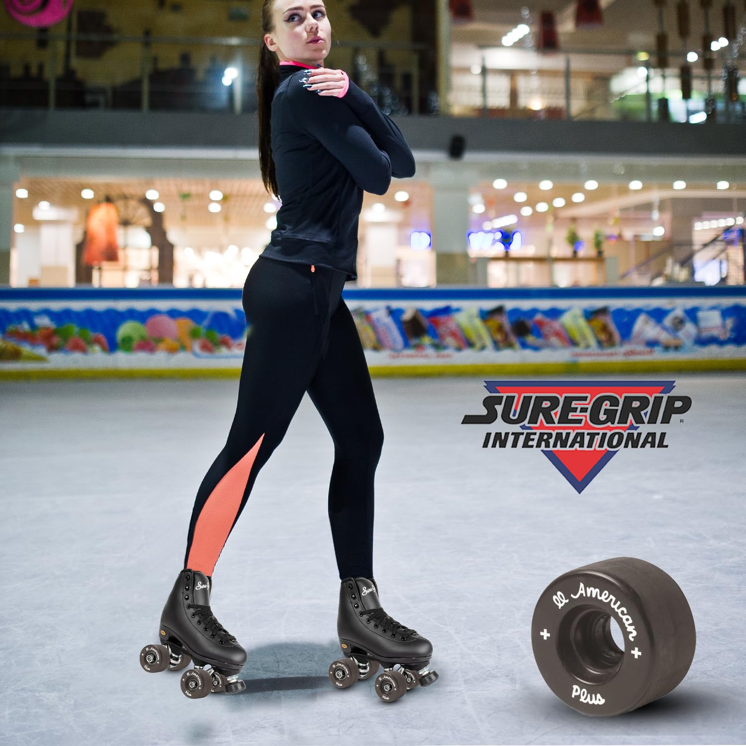 Sure-Grip All American Plus Indoor Black Wheels - 55mm Vanathane Technology - Tough, Lightweight Hard Rink Wheels - Ideal for Beginners - Set of 8 - Perfect for Roller Skating, Roller Derby, and Indoor Rinks