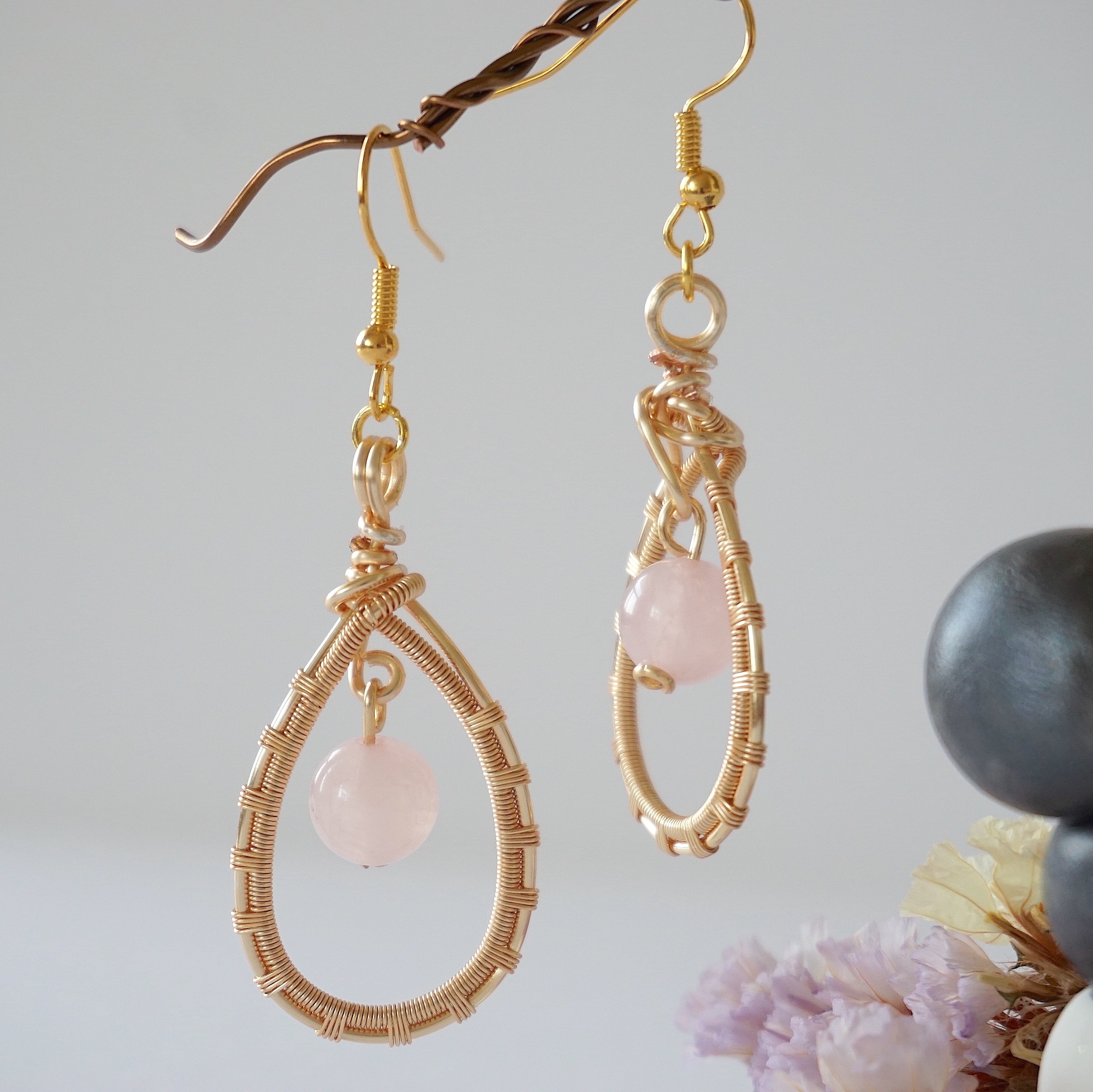 Rose Quartz Round Wire Earrings - Gold Plated Dangle Earrings for Women, Healing Crystal Jewelry Gift for Mom, Wife, Girlfriend - Perfect for Valentine's Day, Birthday & Everyday Wear