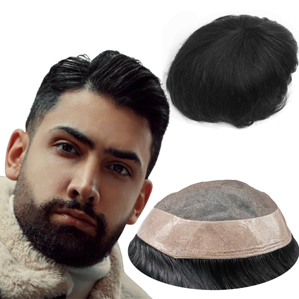 100% European Real Human Hair Toupee for Men - Mono Lace Hair Replacement System with PU Perimeter (#1B Off Black, 6x9) | Natural Looking Hairpiece for Thinning Hair & Baldness Cover | Perfect for Daily Wear, Special Occasions & Confidence Boost