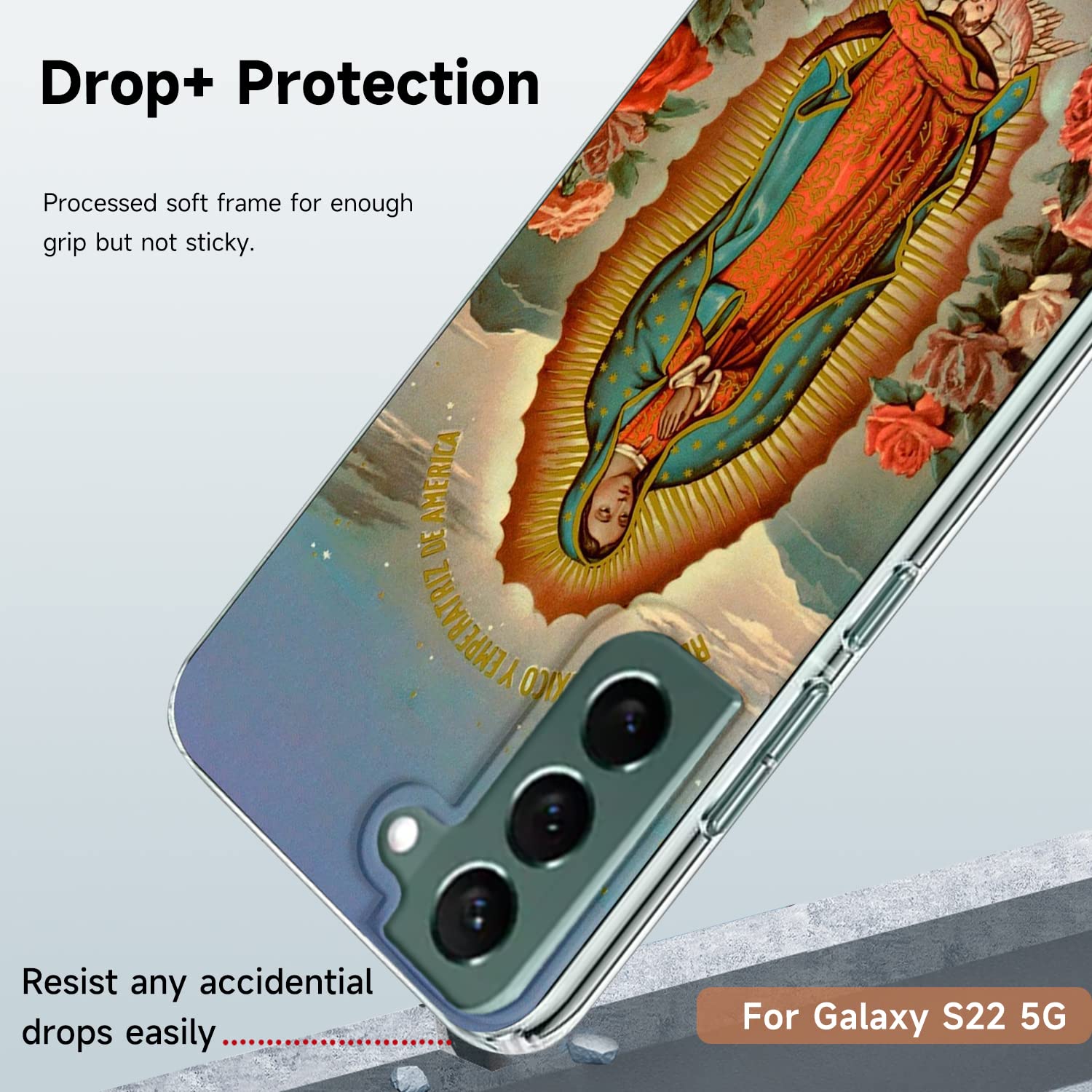 Galaxy S22 Clear Shockproof Phone Case with Virgin Mary Design for Protection & Style