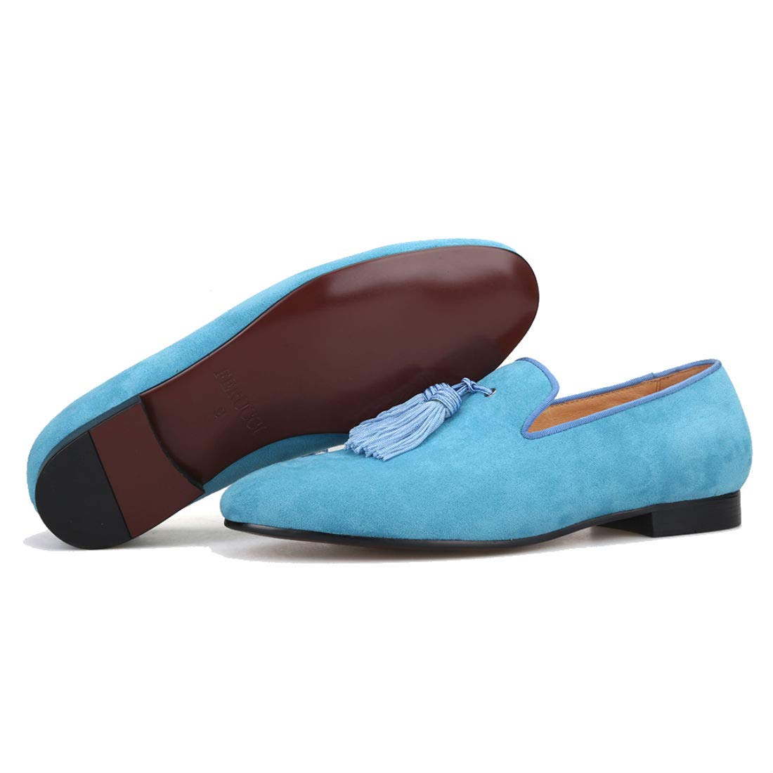 FERUCCI Men's Light Blue Suede Loafers - Comfortable Slip-On Slippers with Big Blue Tassel | Casual Indoor & Outdoor Shoes for Relaxing at Home or Running Errands