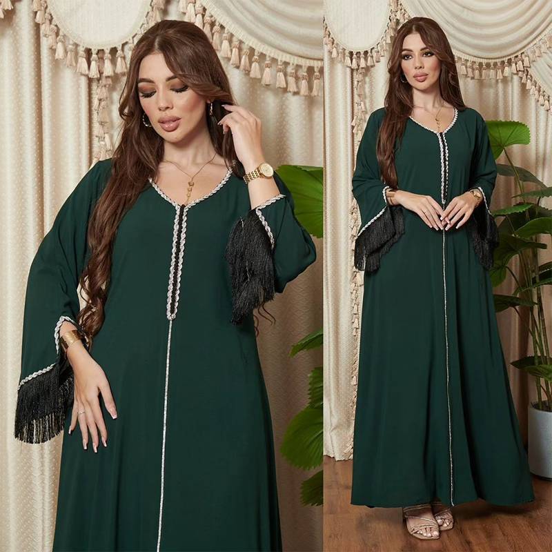 Hotfix Rhinestone Tassel Women's Caftan Kaftan Abaya Dress - Elegant Islamic Fashion for Parties, Weddings & Special Occasions