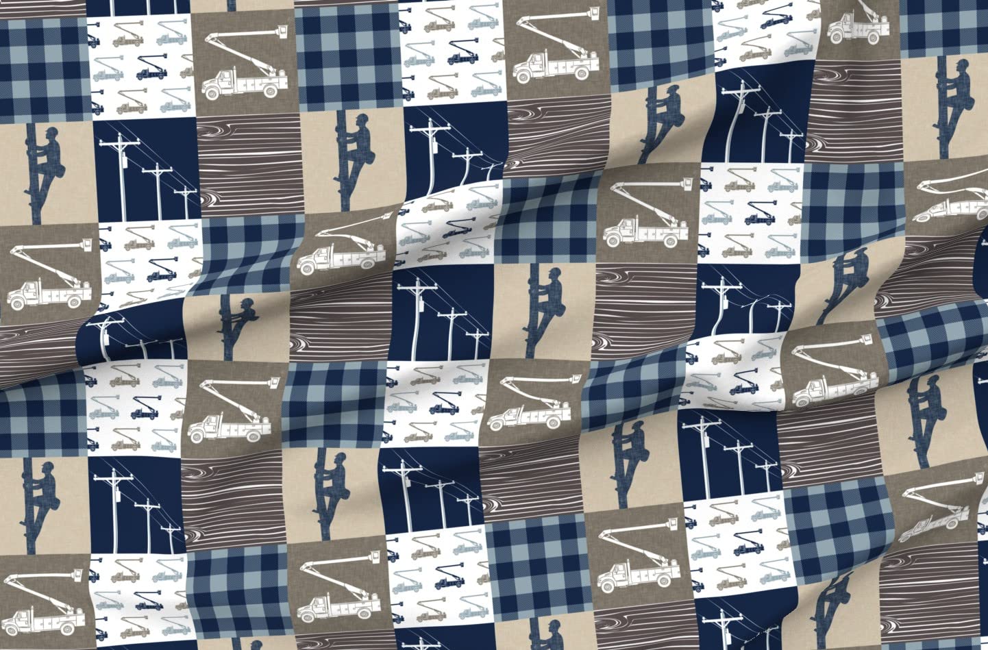 Premium Spoonflower Fabric - Lineman Patchwork Cheater Quilt Design in Navy, Tan & Brown with Electrician Bucket Print on Petal Signature Cotton Fabric by The Yard - Perfect for Sewing, Quilting, Apparel, Crafts & Home Decor - Ideal for DIY Quilts, Clothing, Pillows & Wall Art