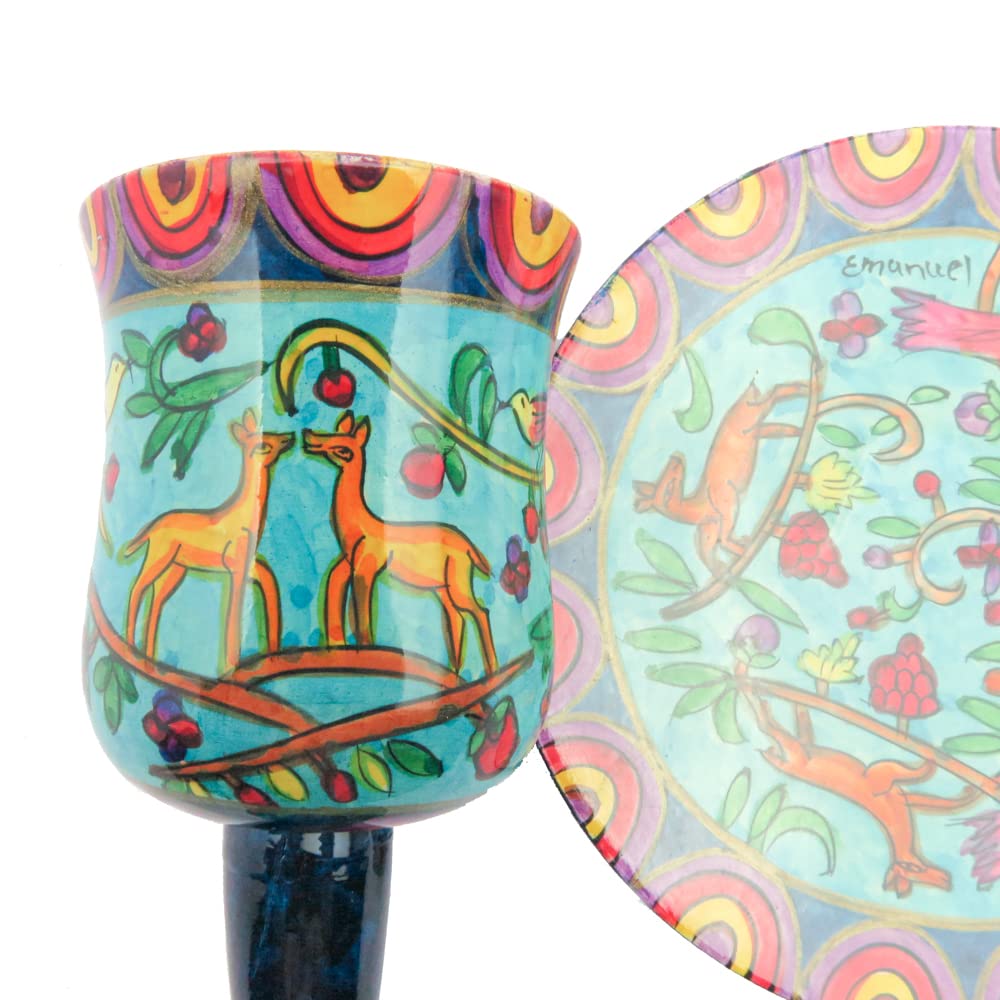Hand-Painted Wooden Kiddush Cup with Deer Design - Elegant Jewish Ritual Wine Goblet for Shabbat & Holiday Celebrations