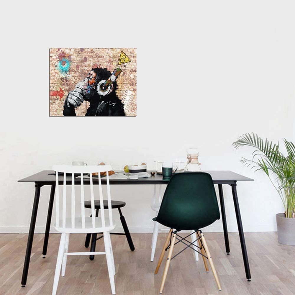 Abstract Thinking Monkey with Headphones Canvas Wall Art - 8x10 Inch Framed Print for Bedroom, Bathroom & Home Decor | Modern Gallery Artwork for Living Room, Office & Dorm Wall Decor