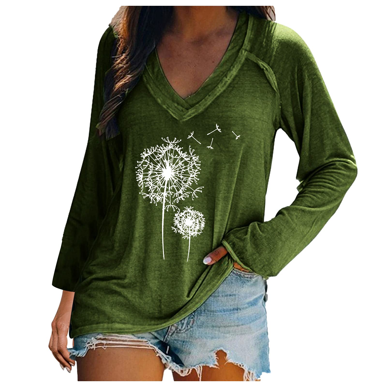 FMCHICO Women's Long Sleeve V-Neck Pullover T-Shirt - Loose Fit Printed Tunic Blouse for Casual Wear, Office & Fall Outfits