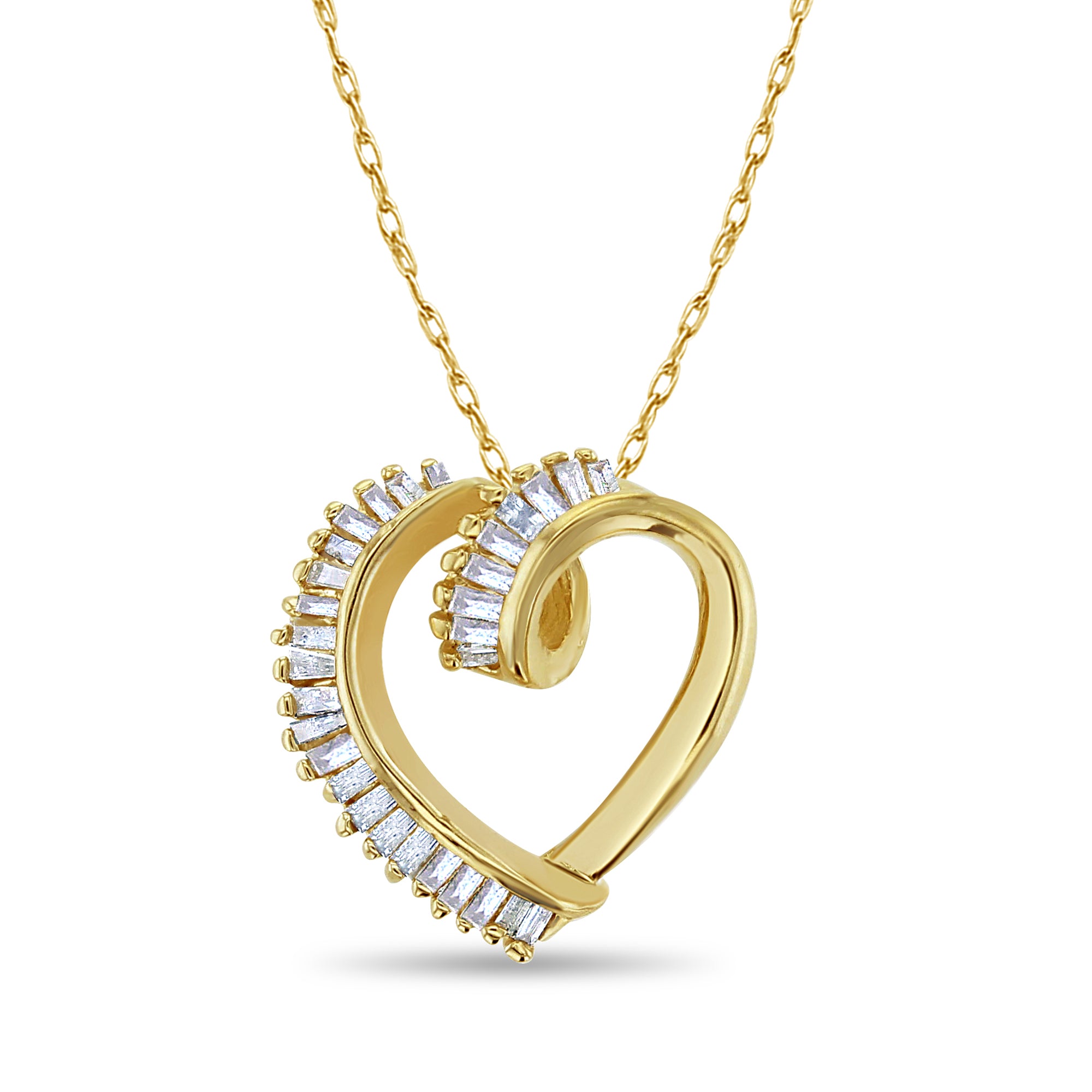 14K Yellow Gold Floating Diamond Baguette Heart Shaped Necklace - Elegant Valentine's Gift for Her, Anniversary Jewelry, Romantic Date Night Accessory
