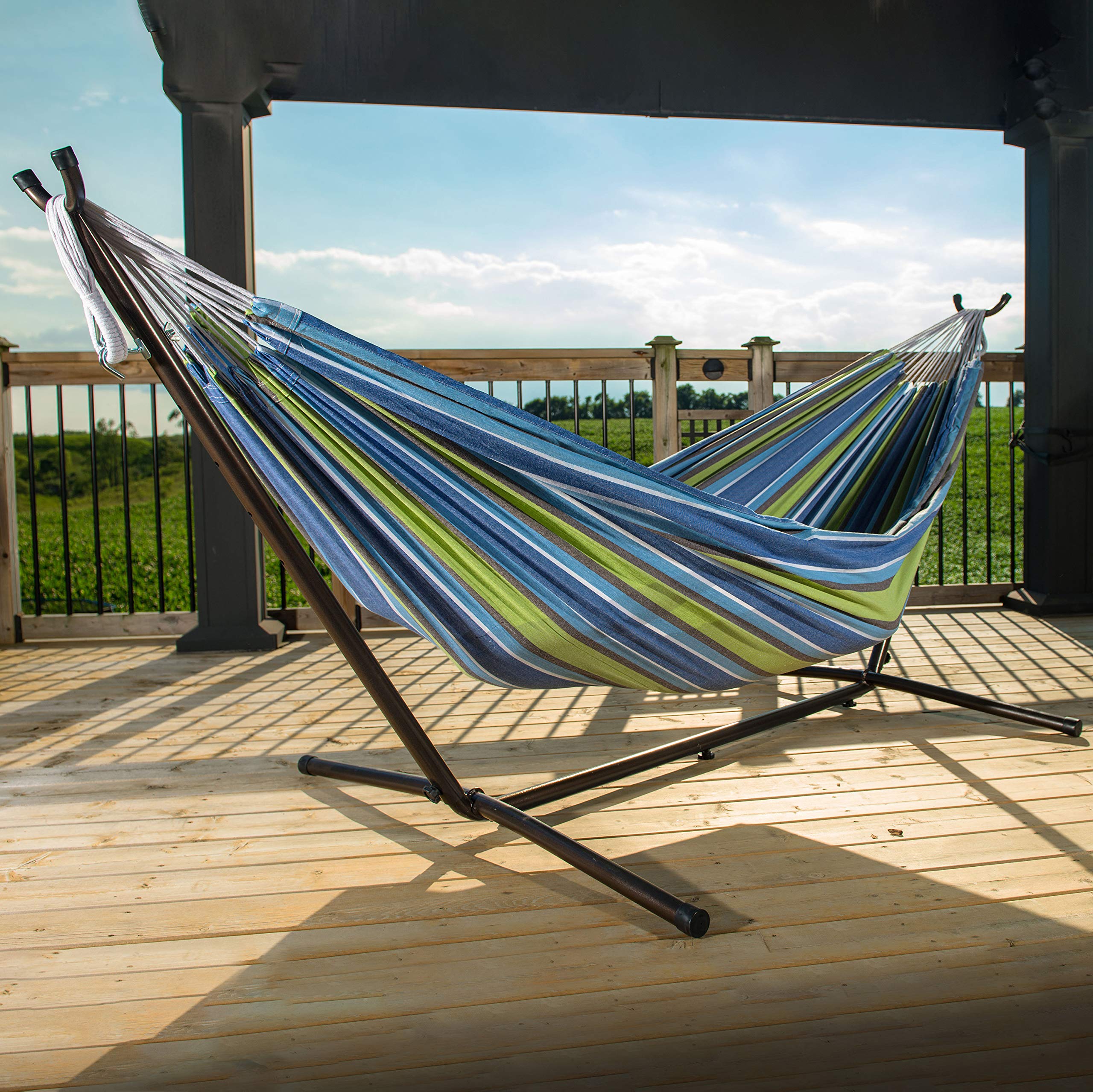 Premium Vivere Double Cotton Hammock with Space-Saving Steel Stand - 450 lb Capacity - Upgraded Polyester End Strings - Includes Carry Bag - USA Grown Cotton (Oasis) - Perfect for Backyard, Patio, Camping & Beach Relaxation