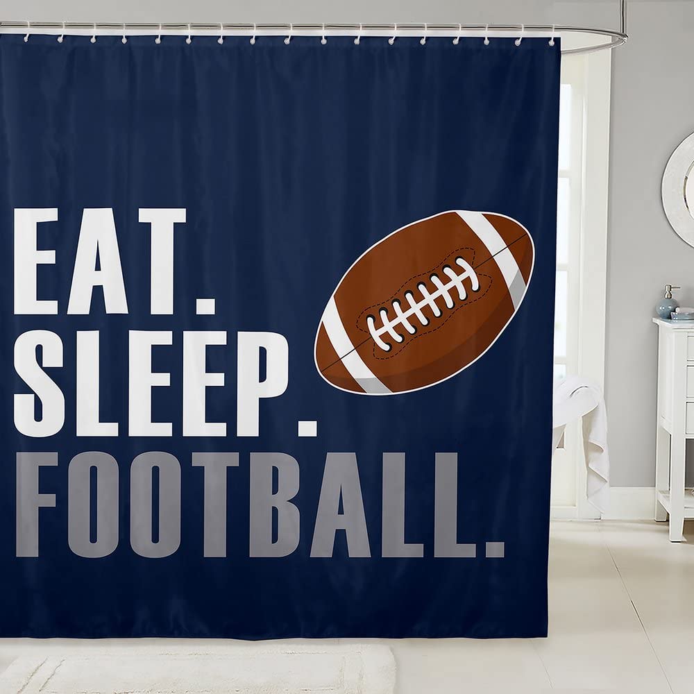 Feelyou American Football Sports Shower Curtain Set - 72x72 Inch Rugby Bathroom Decor for Men & Women - Blue Eat Sleep Football Theme - Waterproof Polyester Bath Curtain for Game Room, Dorm, or Sports Fan Bathroom Accessories