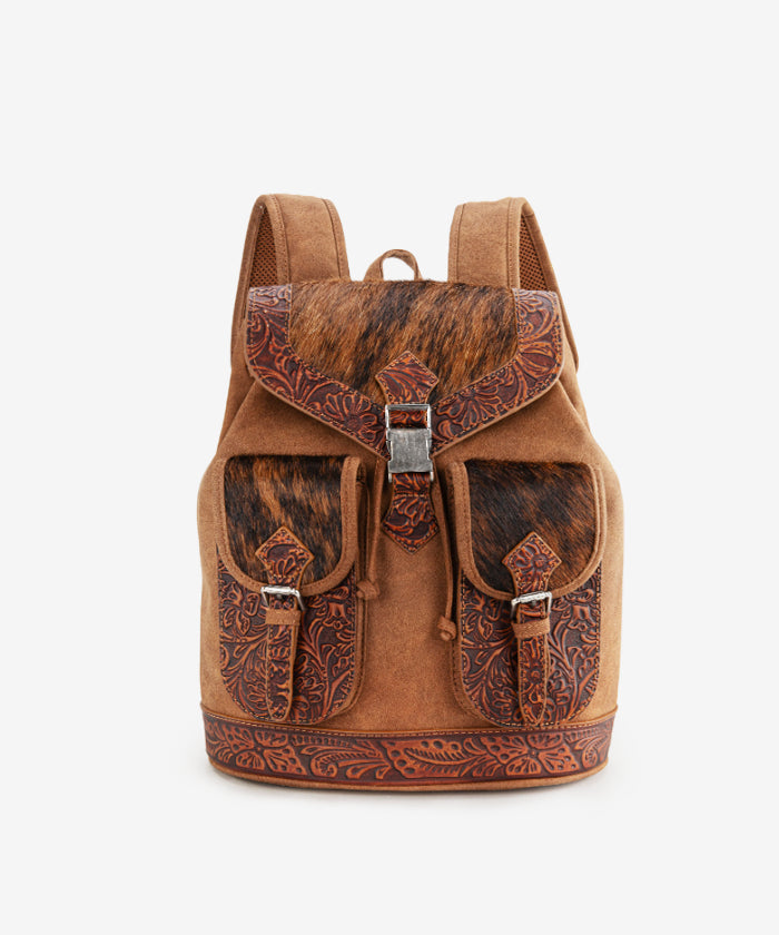 Trinity Ranch Genuine Hair-On Cowhide Leather Tooled Backpack for Women & Men - Stylish Western Vintage Design for Travel, Work, and Outdoor Adventures