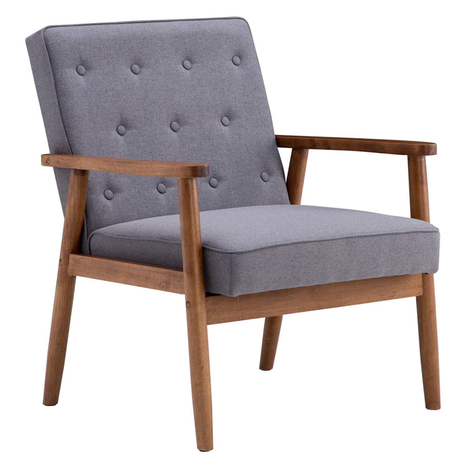 Mid-Century Modern Accent Chair Sofa - Tufted Back Upholstered Lounge Chair with Padded Seat & Wooden Frame, 400 LBS Weight Capacity (Grey Fabric) - Perfect for Living Room, Bedroom, Office or Reading Nook