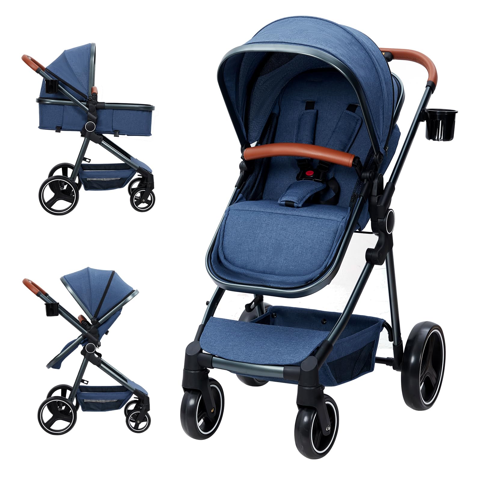 3-in-1 Convertible Baby Stroller | Reversible Bassinet for Newborn to Toddler | Adjustable Canopy & Windproof Foot Cover | Foldable Travel Pram with 5-Point Safety Harness (Blue) - Perfect for City Walks, Park Visits & Family Outings