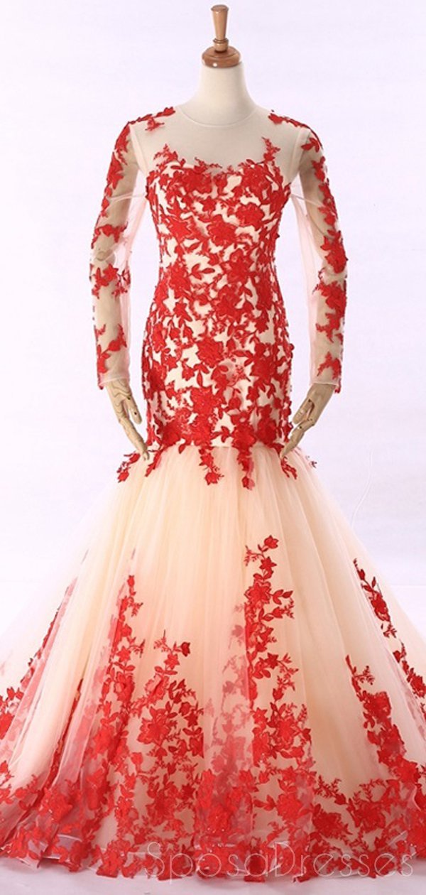 Elegant Long Sleeve Red Lace Mermaid Evening Gown - Custom Sweet 16 Prom Dress for Women | Perfect for Formal Dances, Quinceañeras & Special Occasions