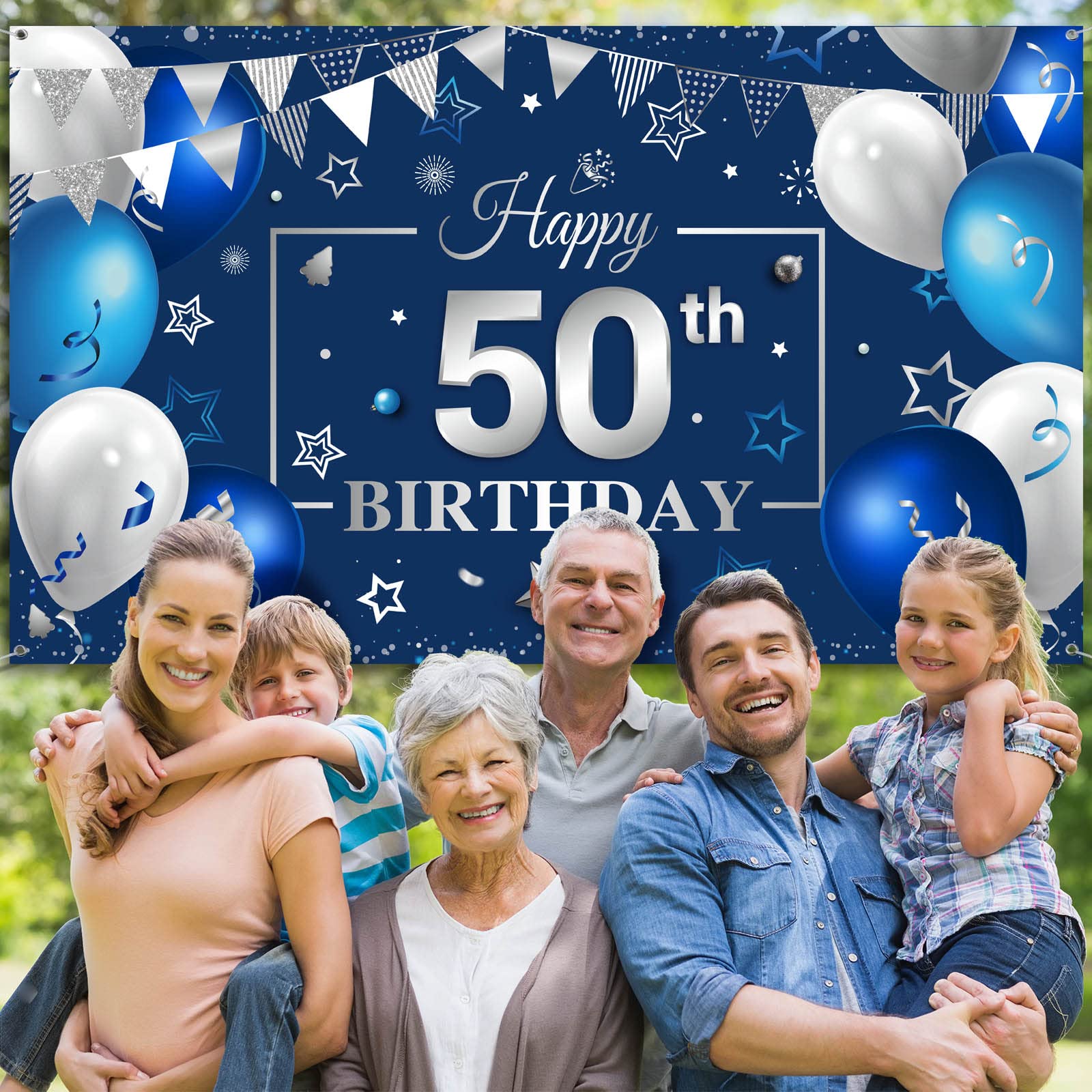 Navy Blue & Silver Happy Birthday Party Backdrop Banner - 50th Birthday Photography Decor for Men & Women, Anniversary Party Photo Props & Supplies - Perfect for Indoor & Outdoor Celebrations, Photo Booths & Social Media Posts